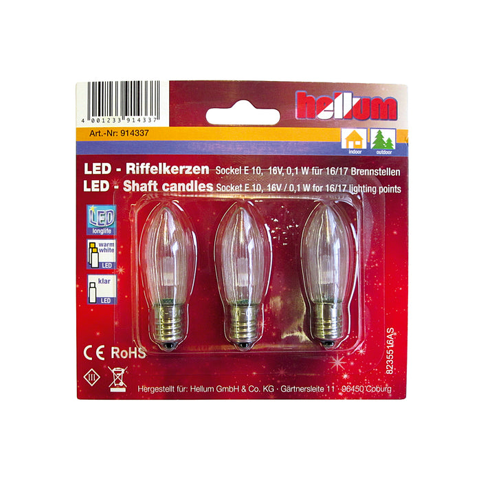 LED-Riffelkerze 16V, 0,1W, E10 Fassung für 15er Kette 3er Pack